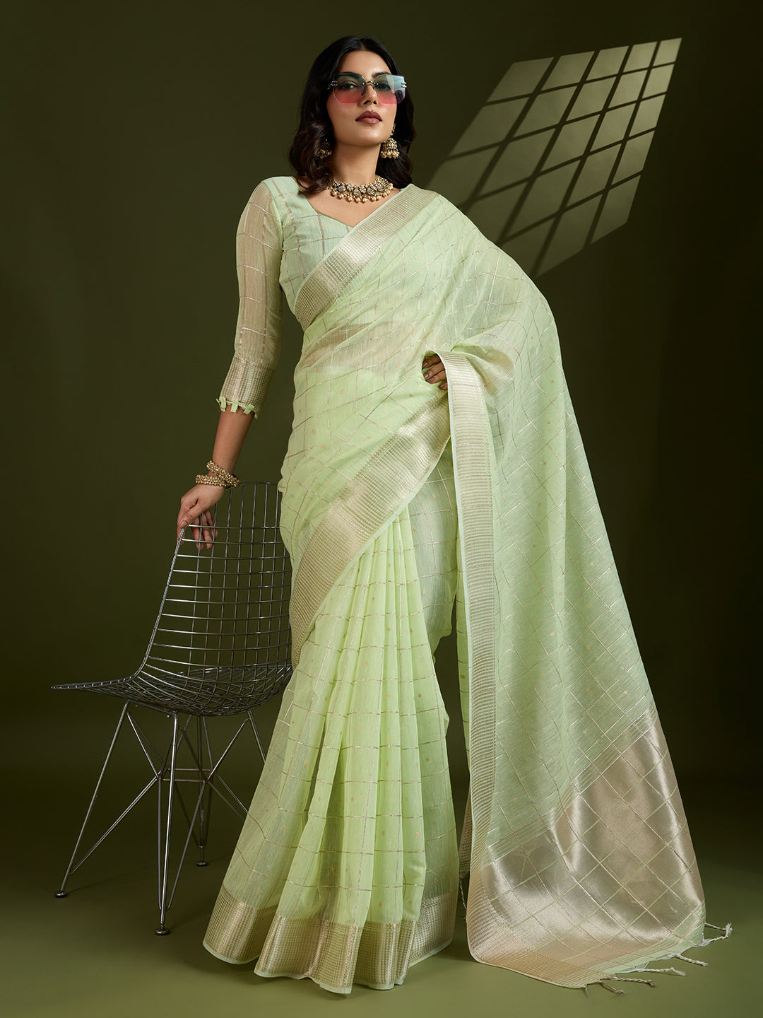Jyoti Fashion Women's Sea Green Tissue Linen Silk Zari Woven Designer Saree with Blouse - Distacart