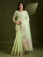 Jyoti Fashion Women's Sea Green Tissue Linen Silk Zari Woven Designer Saree with Blouse - Distacart
