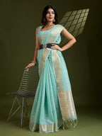 Jyoti Fashion Women's Sky Blue Tissue Linen Silk Zari Woven Designer Saree with Blouse - Distacart