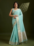 Jyoti Fashion Women's Sky Blue Tissue Linen Silk Zari Woven Designer Saree with Blouse - Distacart
