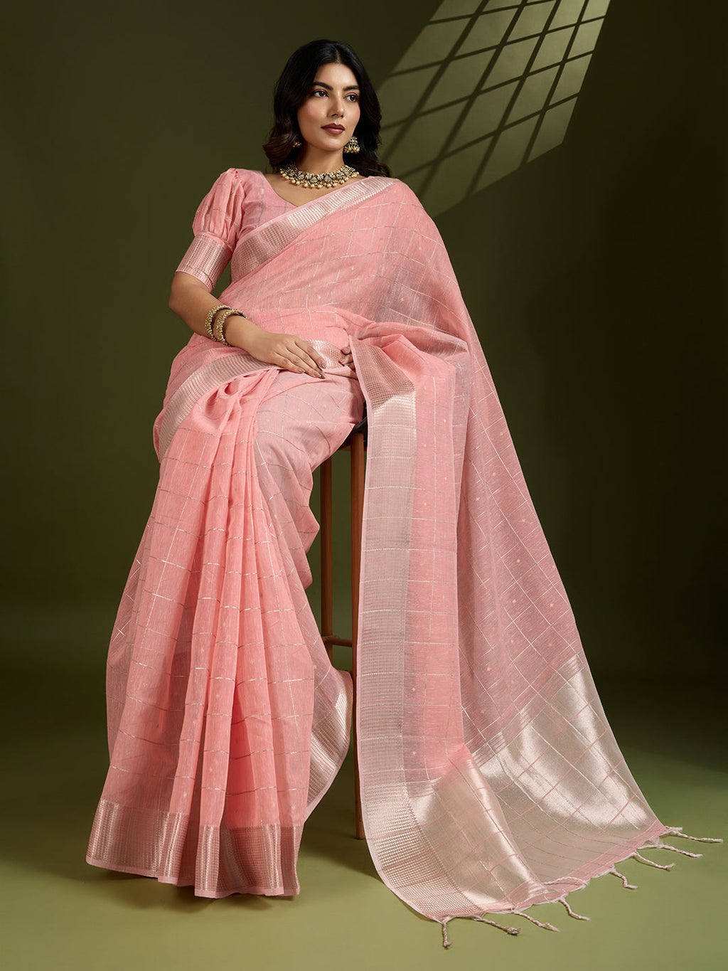 Jyoti Fashion Women's Peach Tissue Linen Silk Zari Woven Designer Saree with Blouse - Distacart