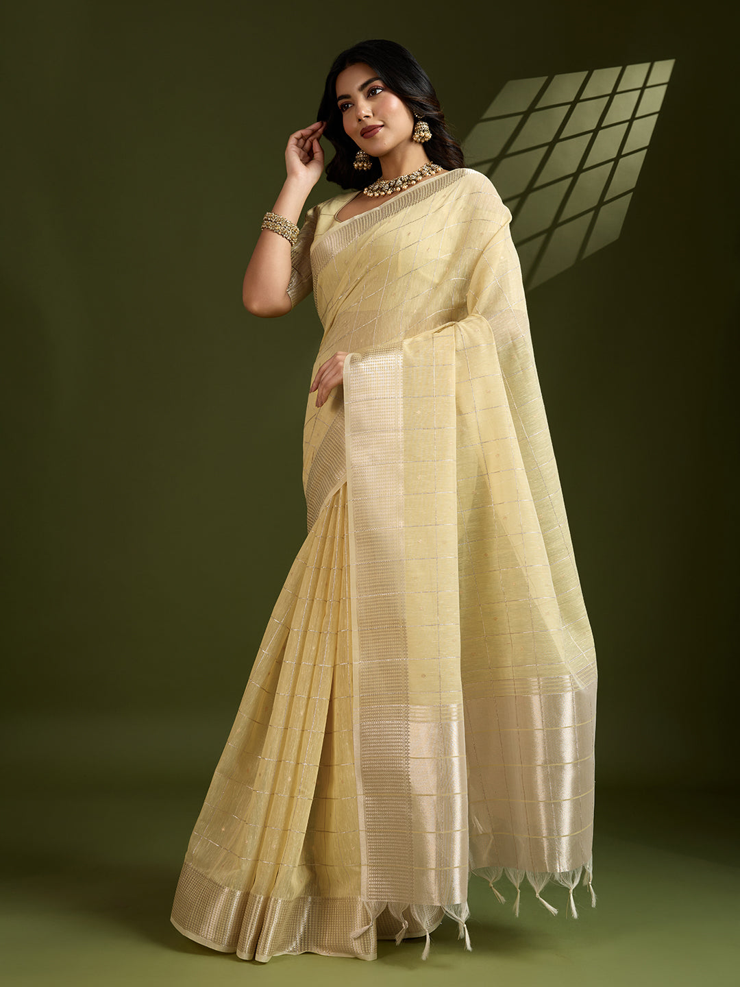 Jyoti Fashion Women's Light Yellow Tissue Linen Silk Zari Woven Designer Saree with Blouse - Distacart