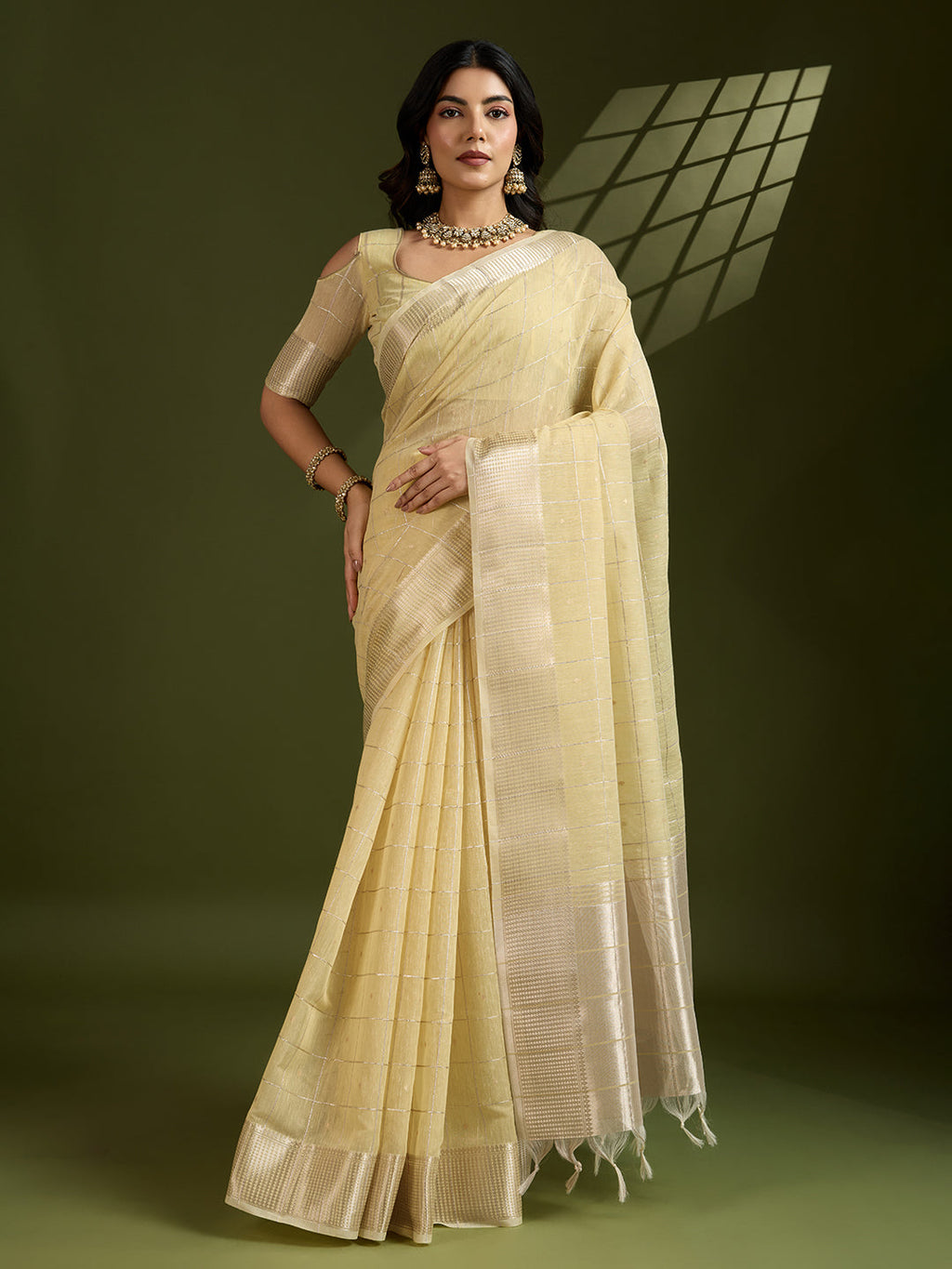 Jyoti Fashion Women's Light Yellow Tissue Linen Silk Zari Woven Designer Saree with Blouse - Distacart
