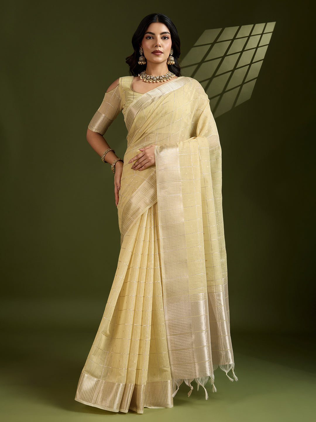 Jyoti Fashion Women's Light Yellow Tissue Linen Silk Zari Woven Designer Saree with Blouse - Distacart