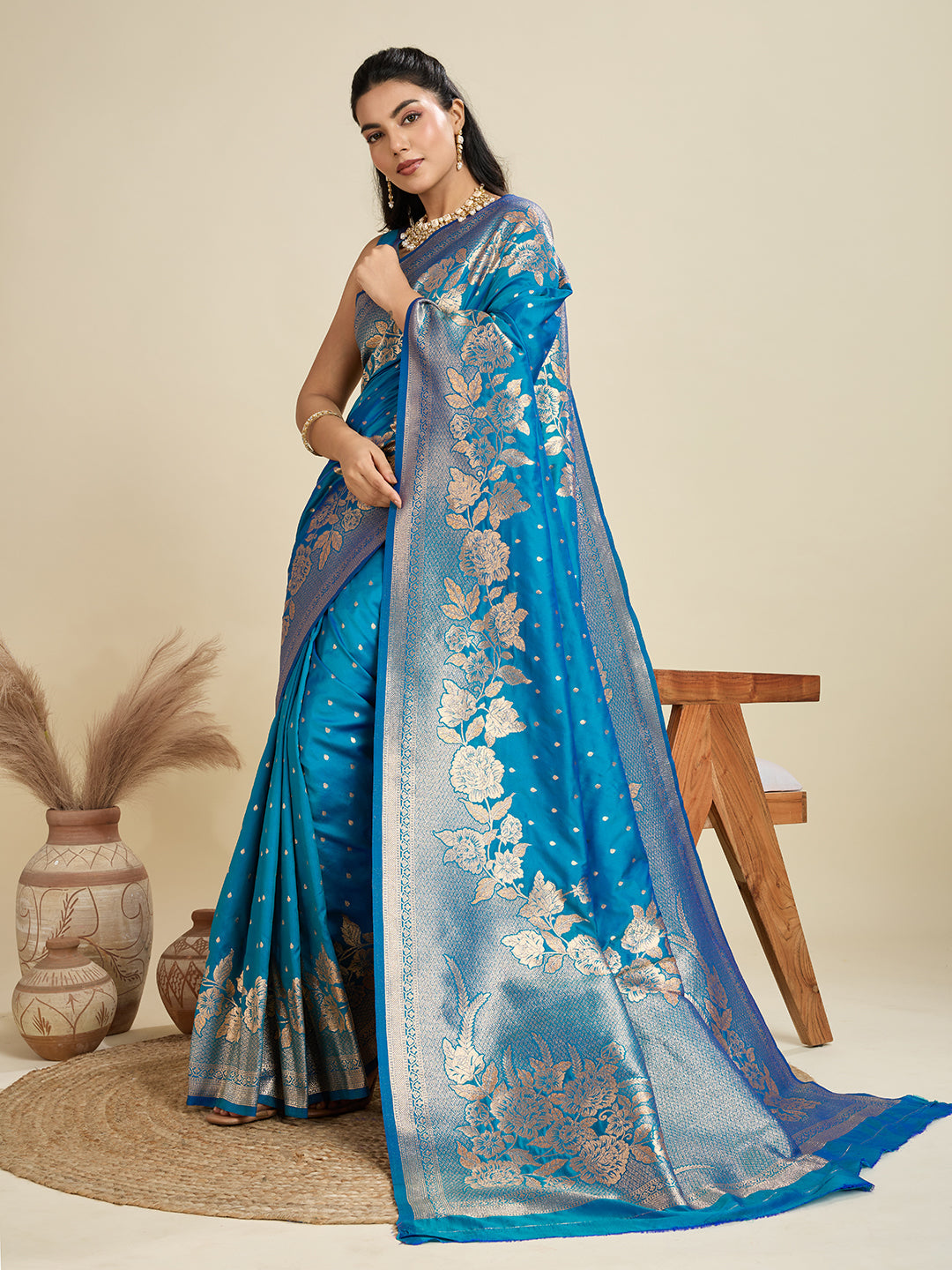 Jyoti Fashion Women's Blue Soft Kanjivaram Silk Zari Woven Designer Saree with Blouse - Distacart