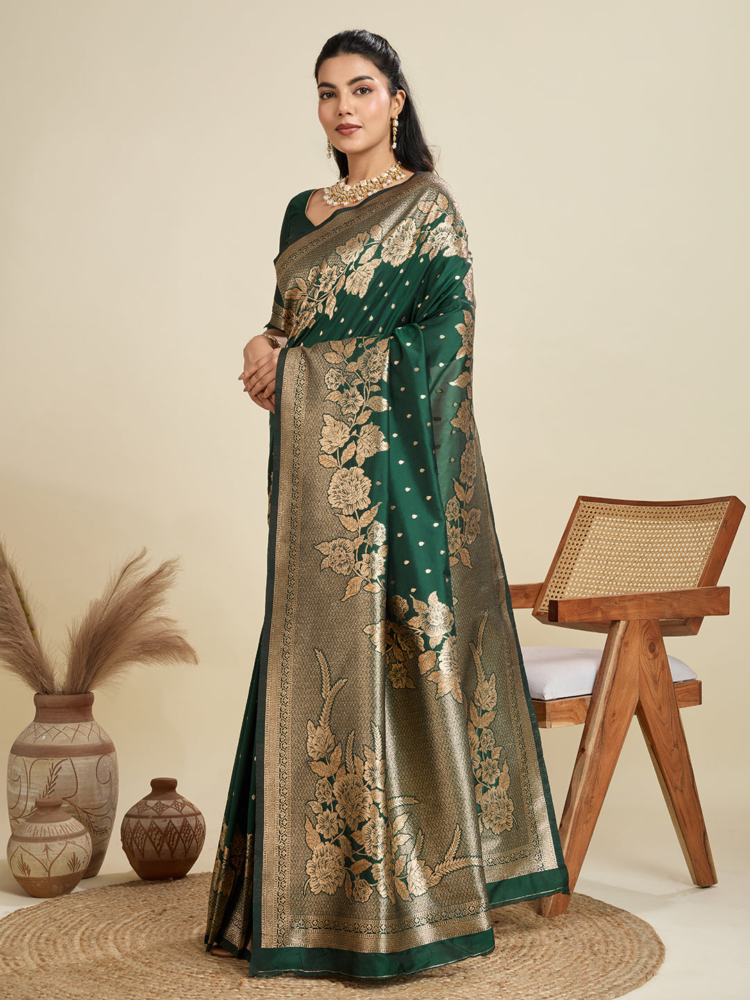 Jyoti Fashion Women's Bottle Green Soft Kanjivaram Silk Zari Woven Designer Saree with Blouse - Distacart