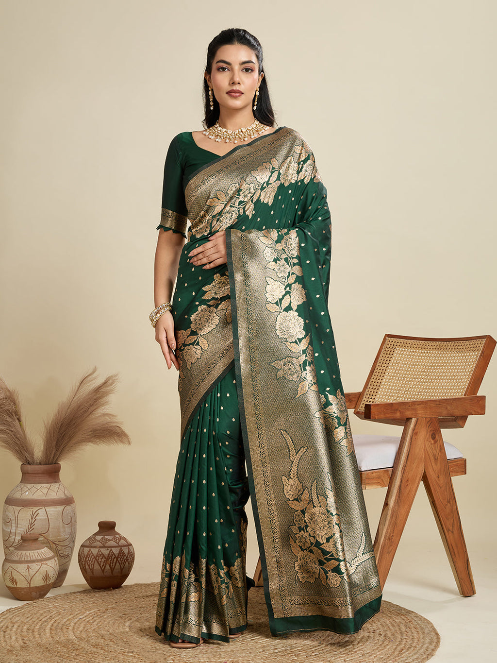 Jyoti Fashion Women's Bottle Green Soft Kanjivaram Silk Zari Woven Designer Saree with Blouse - Distacart