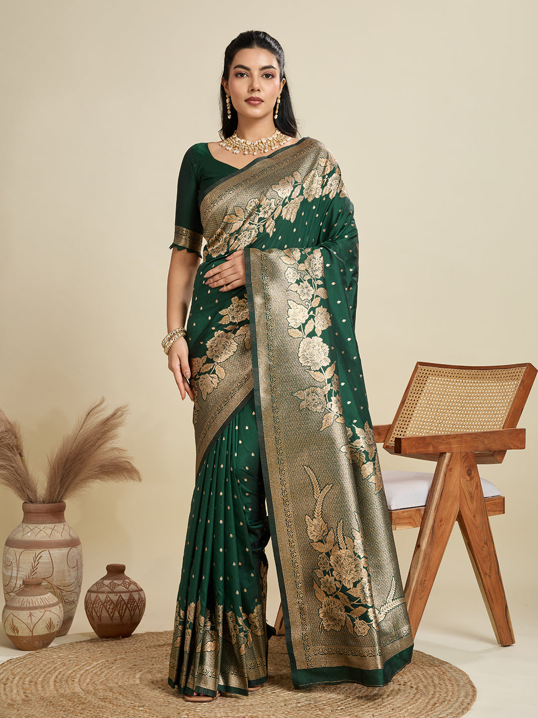 Jyoti Fashion Women's Bottle Green Soft Kanjivaram Silk Zari Woven Designer Saree with Blouse - Distacart