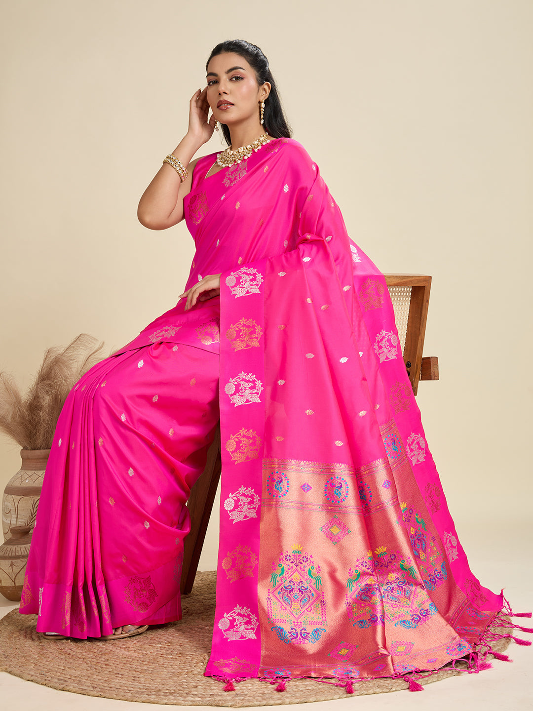 Jyoti Fashion Women's Pink Soft Kanjivaram Paithani Silk Zari Woven Designer Saree with Blouse - Distacart