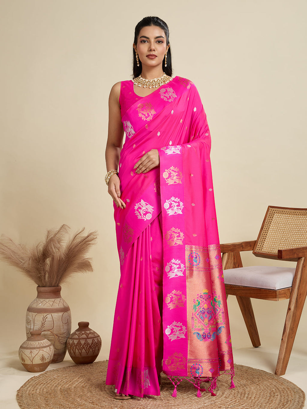 Jyoti Fashion Women's Pink Soft Kanjivaram Paithani Silk Zari Woven Designer Saree with Blouse - Distacart