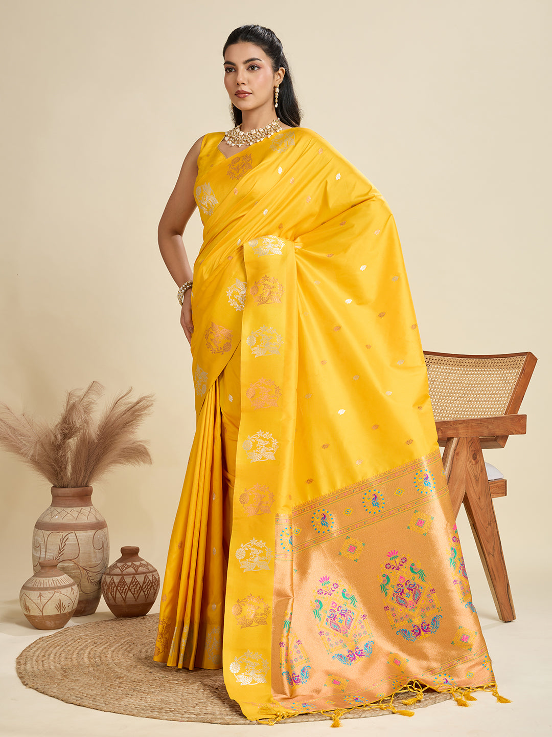 Jyoti Fashion Women's Yellow Soft Kanjivaram Paithani Silk Zari Woven Designer Saree with Blouse - Distacart