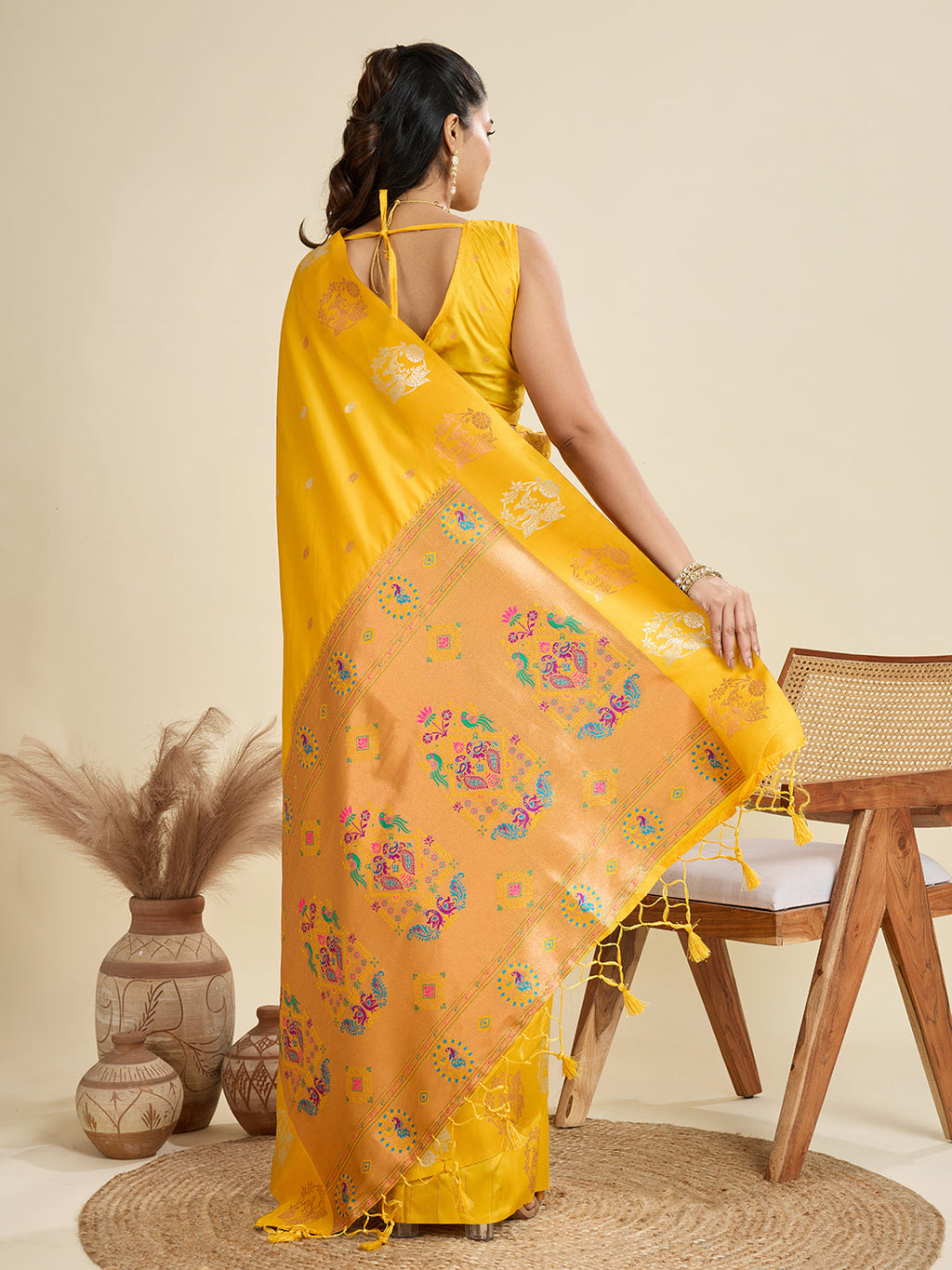 Jyoti Fashion Women's Yellow Soft Kanjivaram Paithani Silk Zari Woven Designer Saree with Blouse - Distacart