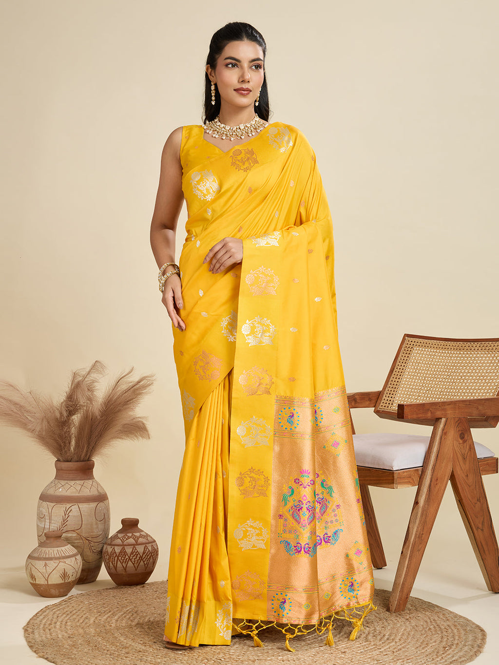 Jyoti Fashion Women's Yellow Soft Kanjivaram Paithani Silk Zari Woven Designer Saree with Blouse - Distacart