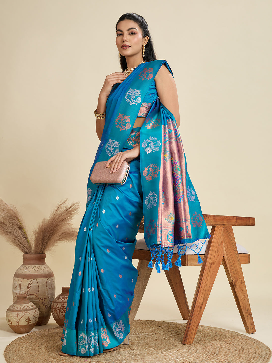 Jyoti Fashion Women's Sky Blue Soft Kanjivaram Paithani Silk Zari Woven Designer Saree with Blouse - Distacart