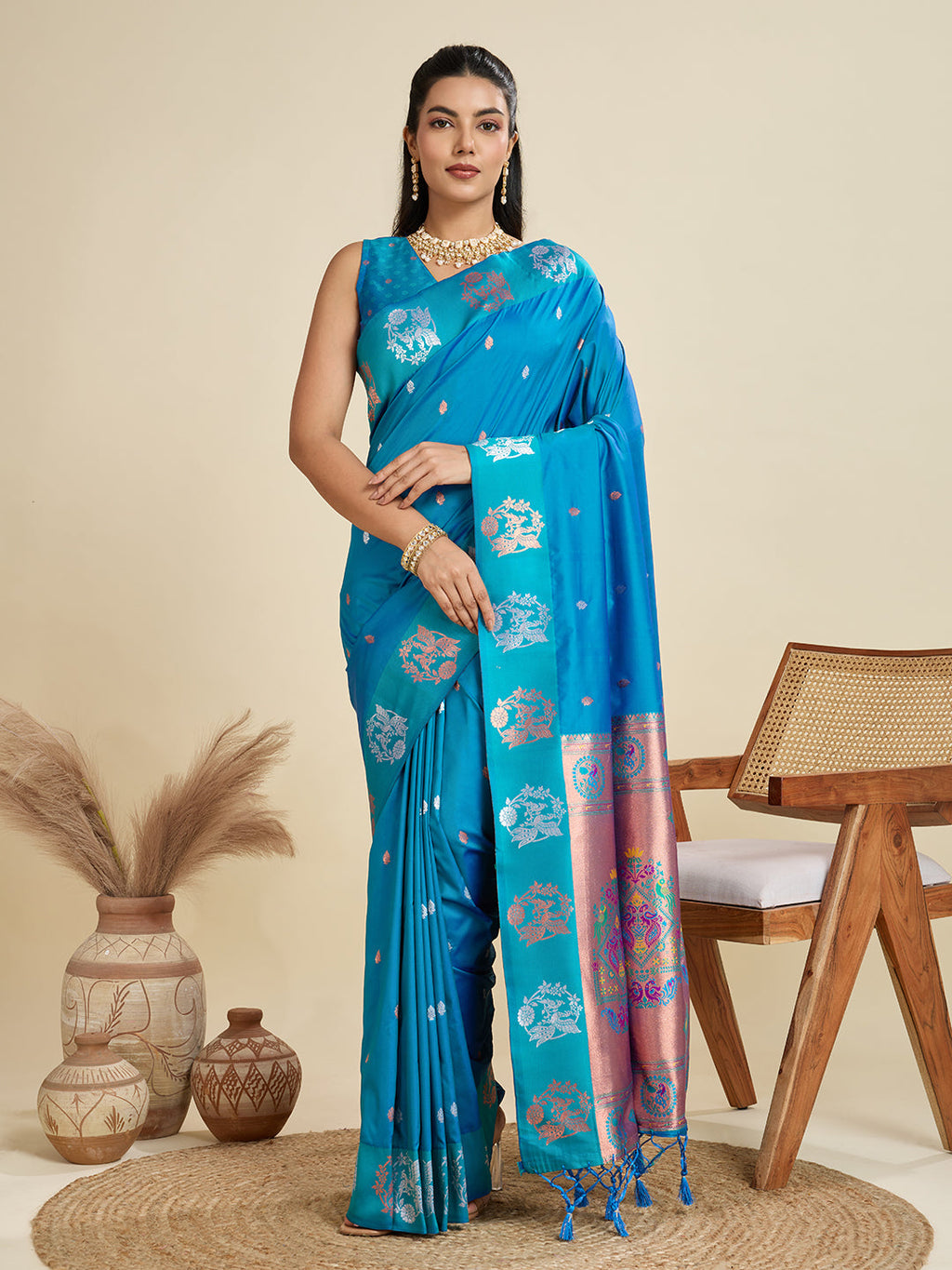 Jyoti Fashion Women's Sky Blue Soft Kanjivaram Paithani Silk Zari Woven Designer Saree with Blouse - Distacart