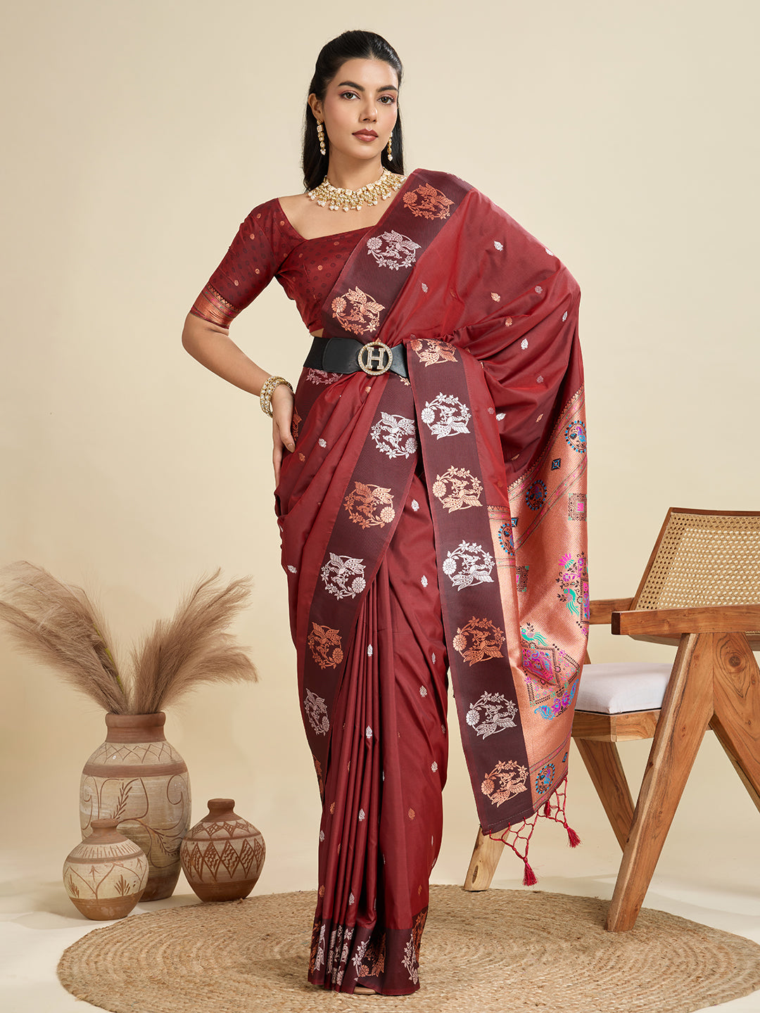 Jyoti Fashion Women's Maroon Soft Kanjivaram Paithani Silk Zari Woven Designer Saree with Blouse - Distacart