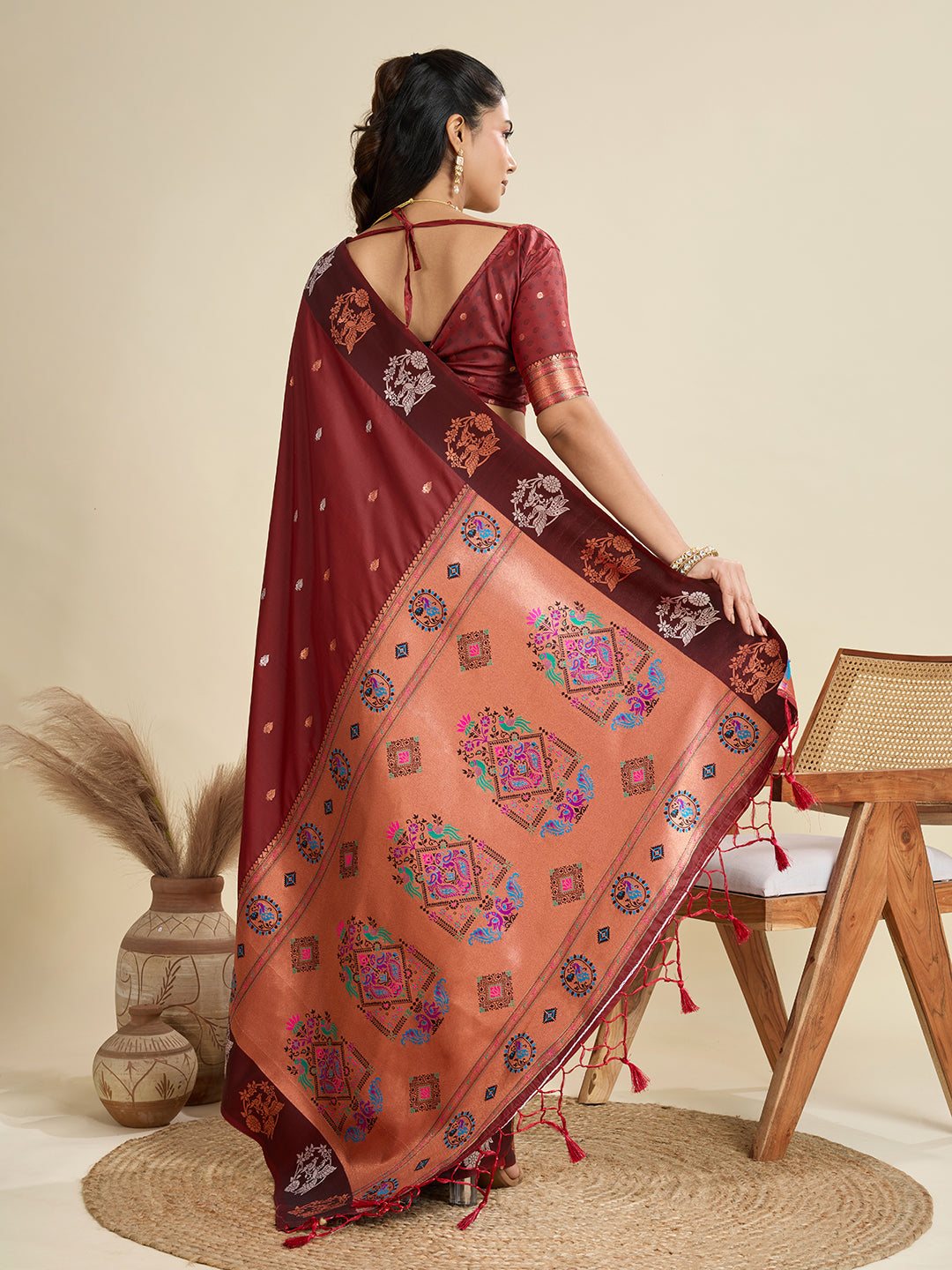 Jyoti Fashion Women's Maroon Soft Kanjivaram Paithani Silk Zari Woven Designer Saree with Blouse - Distacart