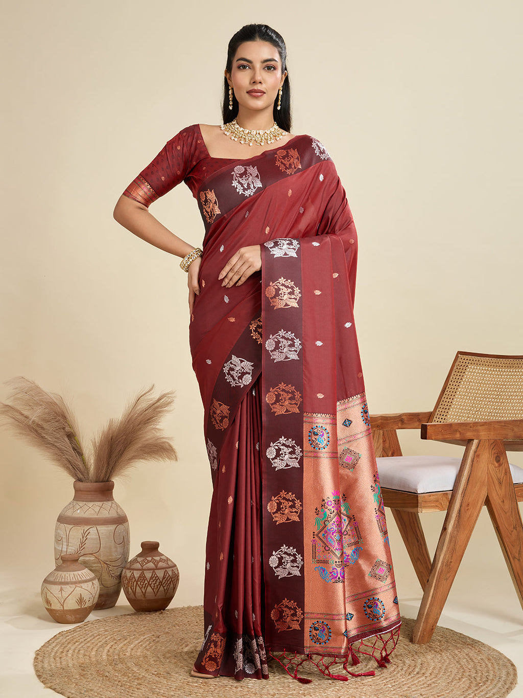 Jyoti Fashion Women's Maroon Soft Kanjivaram Paithani Silk Zari Woven Designer Saree with Blouse - Distacart