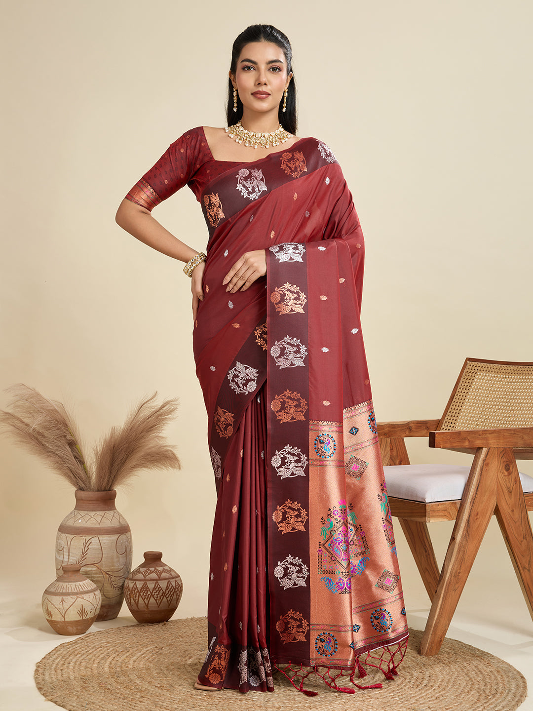 Jyoti Fashion Women's Maroon Soft Kanjivaram Paithani Silk Zari Woven Designer Saree with Blouse - Distacart