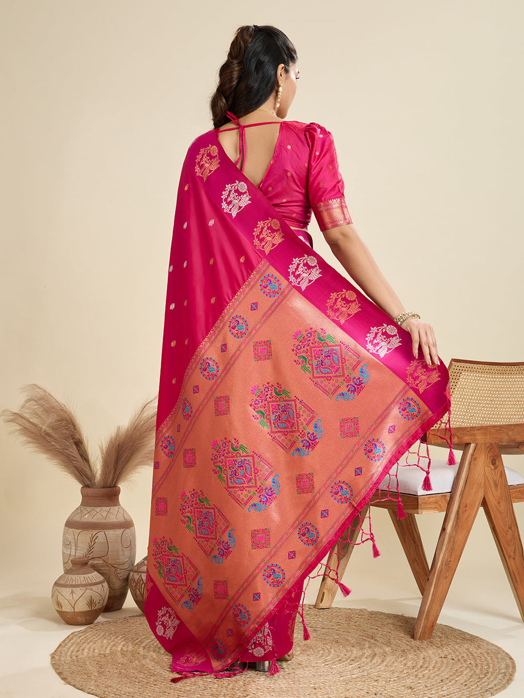 Jyoti Fashion Women's Rani Pink Soft Kanjivaram Paithani Silk Zari Woven Designer Saree with Blouse - Distacart