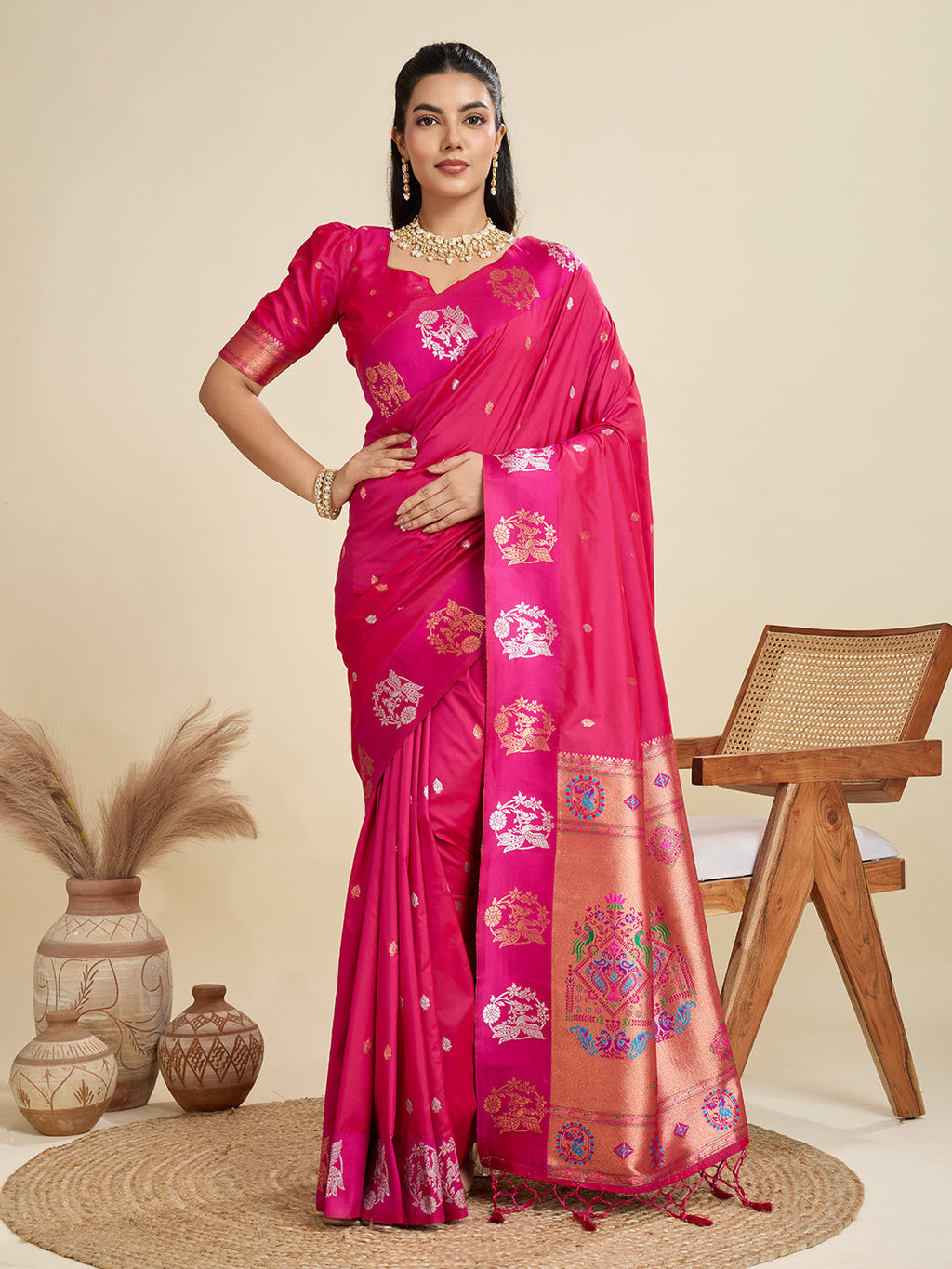 Jyoti Fashion Women's Rani Pink Soft Kanjivaram Paithani Silk Zari Woven Designer Saree with Blouse - Distacart