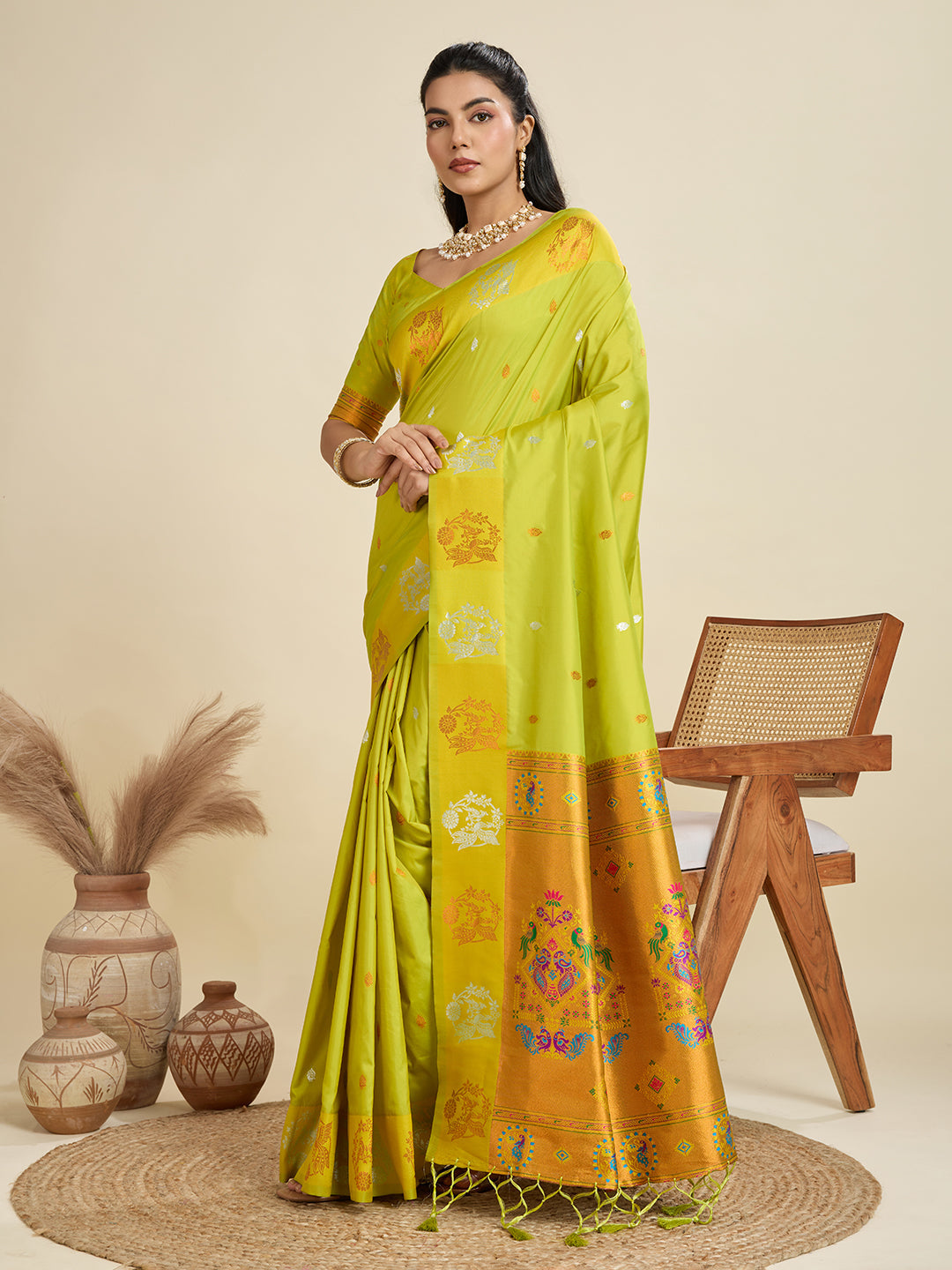 Jyoti Fashion Women's Mehendi Soft Kanjivaram Paithani Silk Zari Woven Designer Saree with Blouse - Distacart