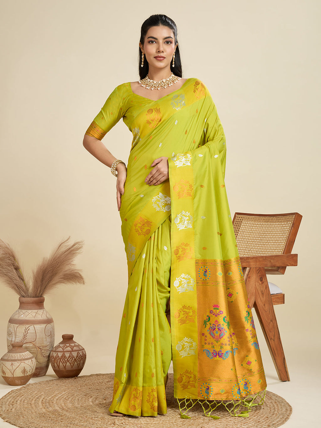 Jyoti Fashion Women's Mehendi Soft Kanjivaram Paithani Silk Zari Woven Designer Saree with Blouse - Distacart