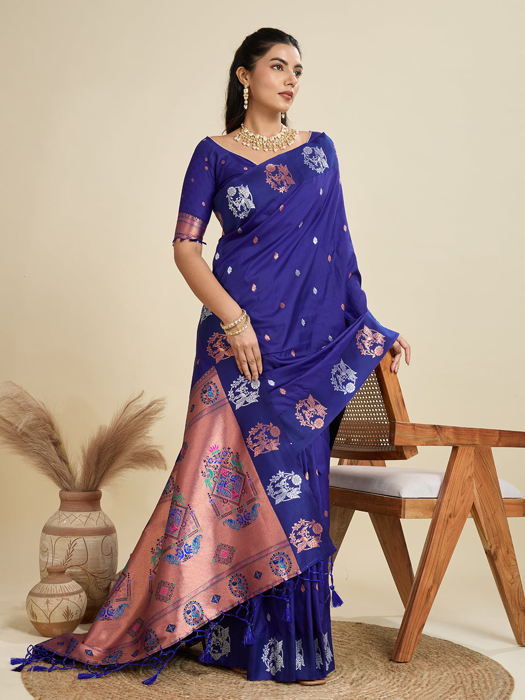 Jyoti Fashion Women's Blue Soft Kanjivaram Paithani Silk Zari Woven Designer Saree with Blouse - Distacart