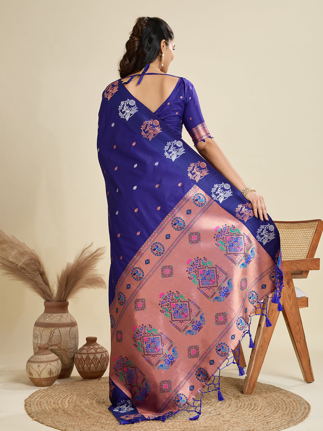 Jyoti Fashion Women's Blue Soft Kanjivaram Paithani Silk Zari Woven Designer Saree with Blouse - Distacart