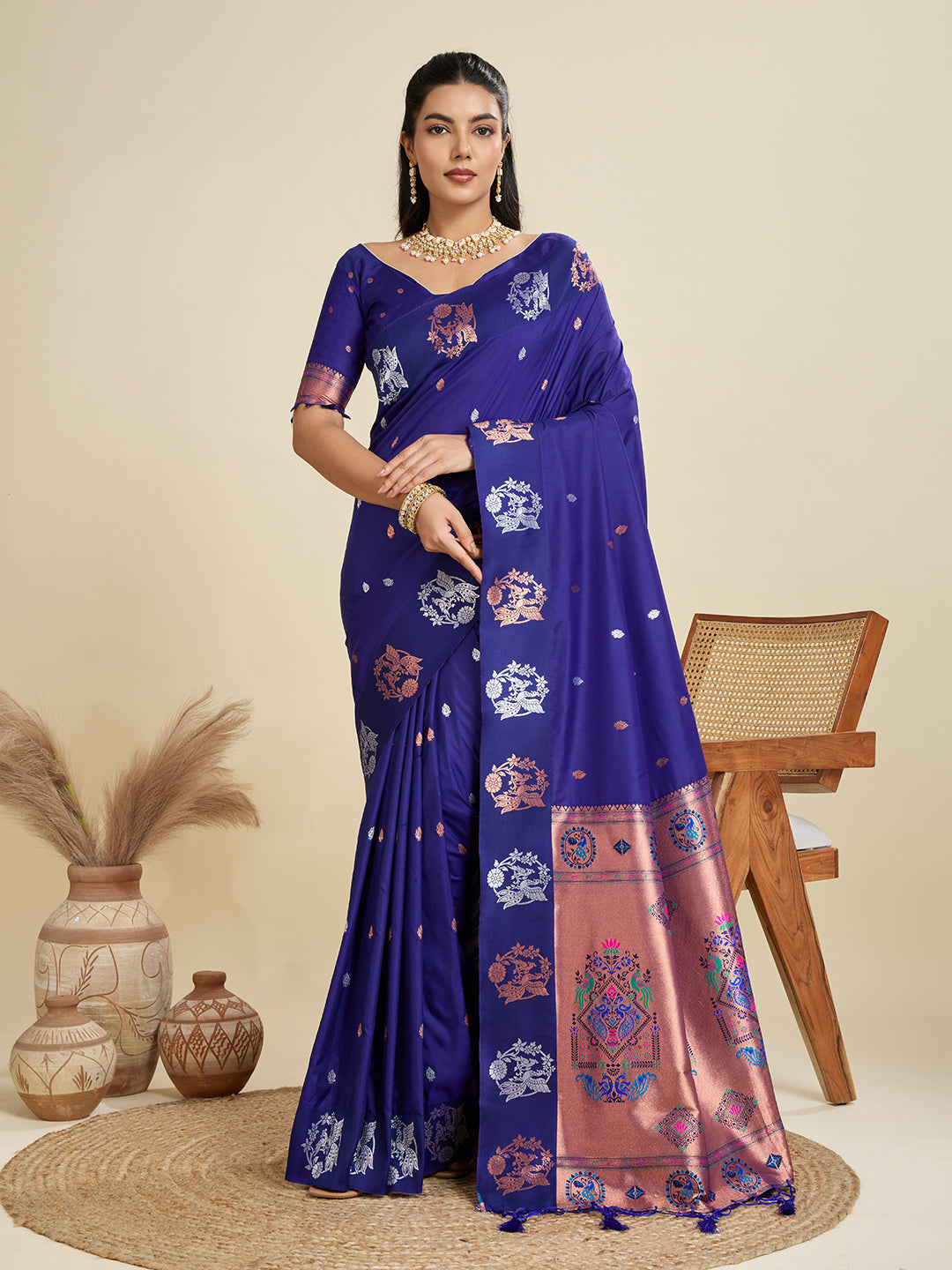 Jyoti Fashion Women's Blue Soft Kanjivaram Paithani Silk Zari Woven Designer Saree with Blouse - Distacart