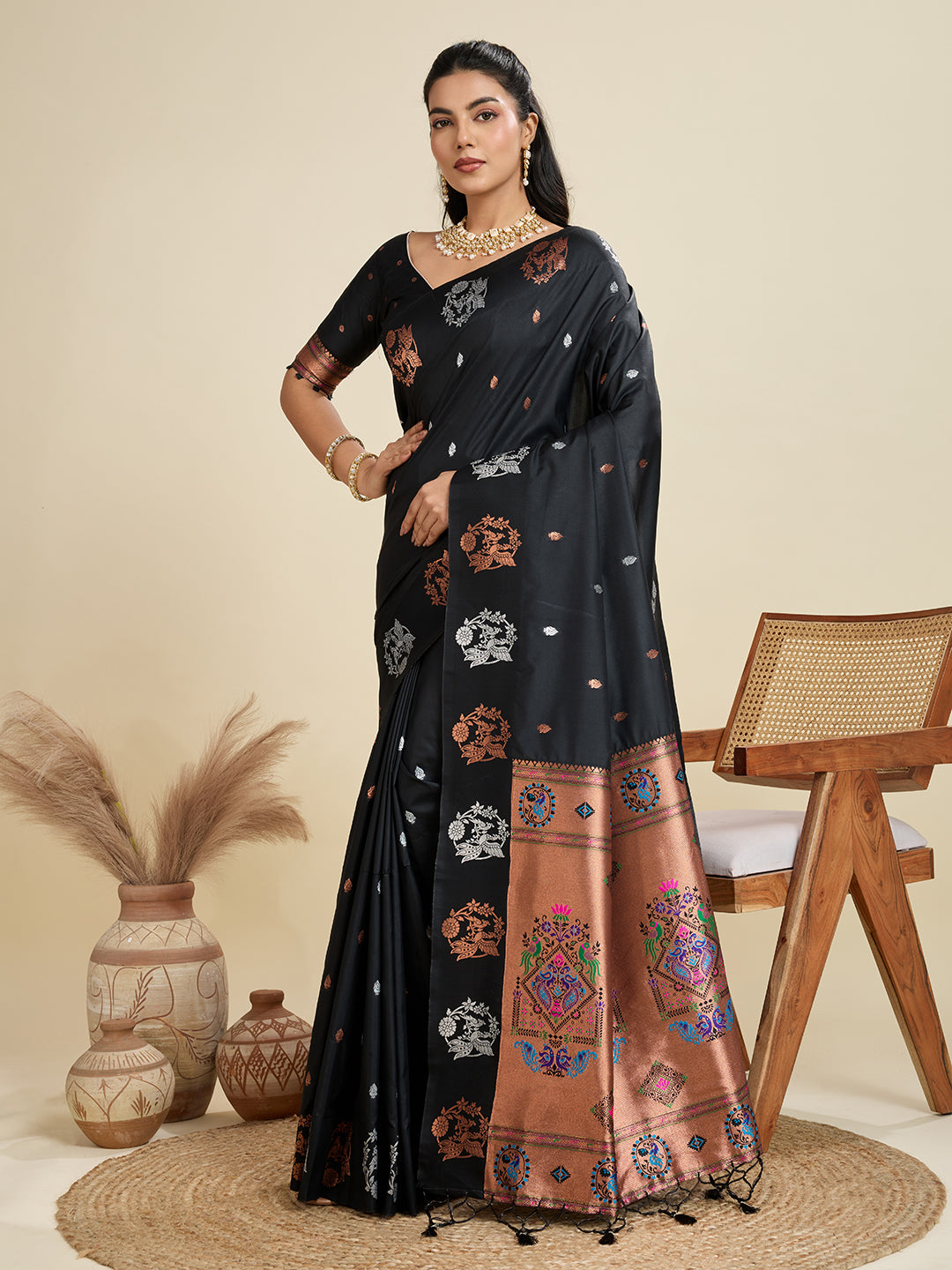 Jyoti Fashion Women's Black Soft Kanjivaram Paithani Silk Zari Woven Designer Saree with Blouse - Distacart