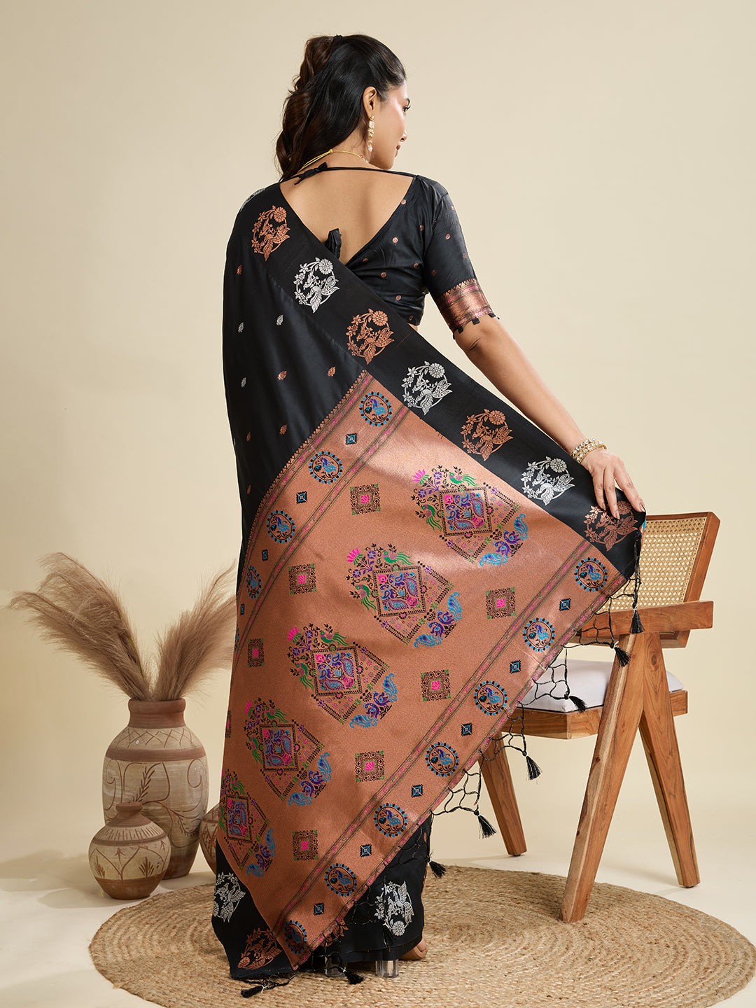 Jyoti Fashion Women's Black Soft Kanjivaram Paithani Silk Zari Woven Designer Saree with Blouse - Distacart