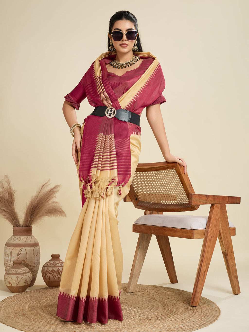 Jyoti Fashion Women's Cream Khadi Raw Silk Temple Woven Border Designer Saree with Blouse - Distacart