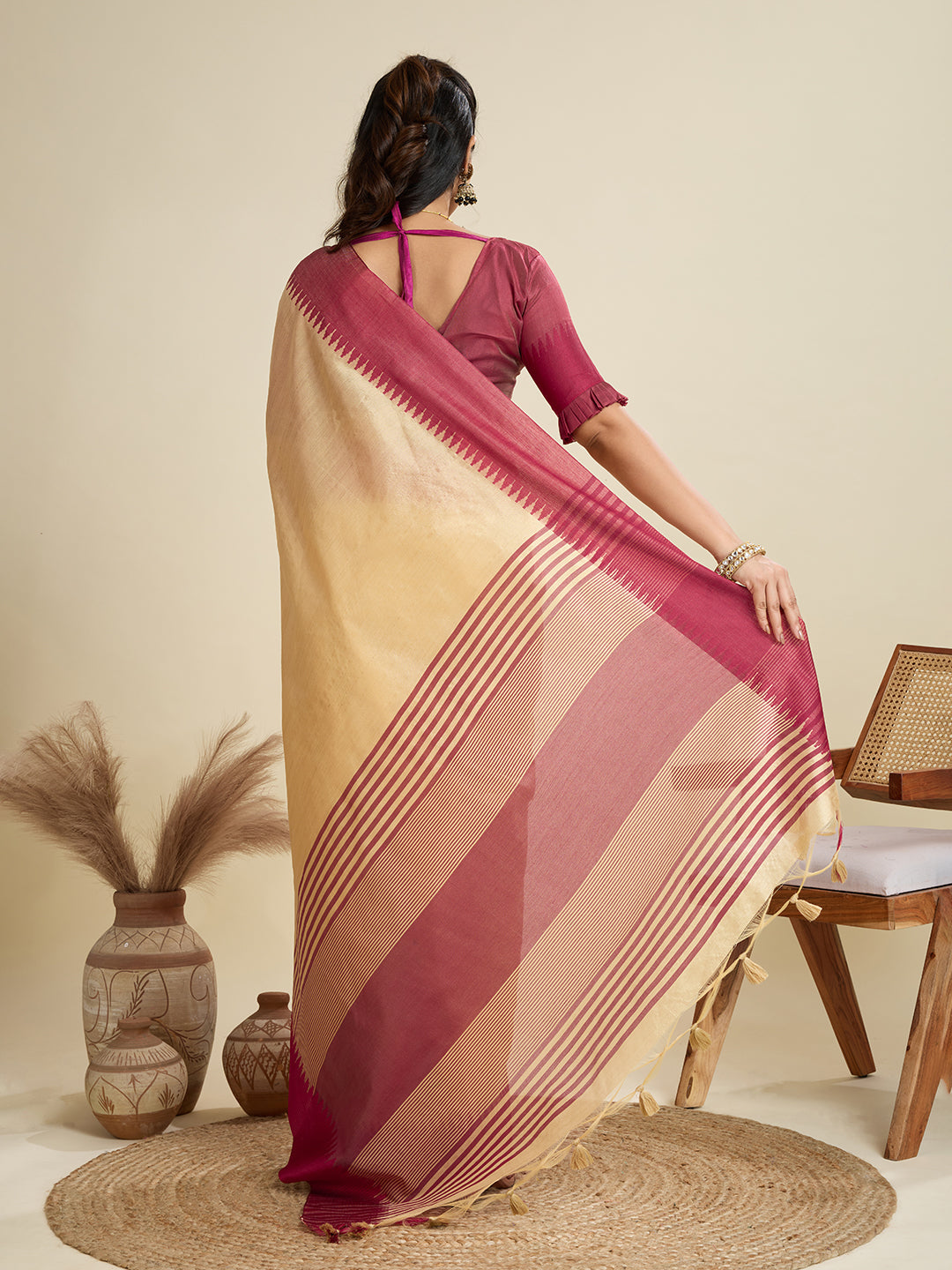 Jyoti Fashion Women's Cream Khadi Raw Silk Temple Woven Border Designer Saree with Blouse - Distacart