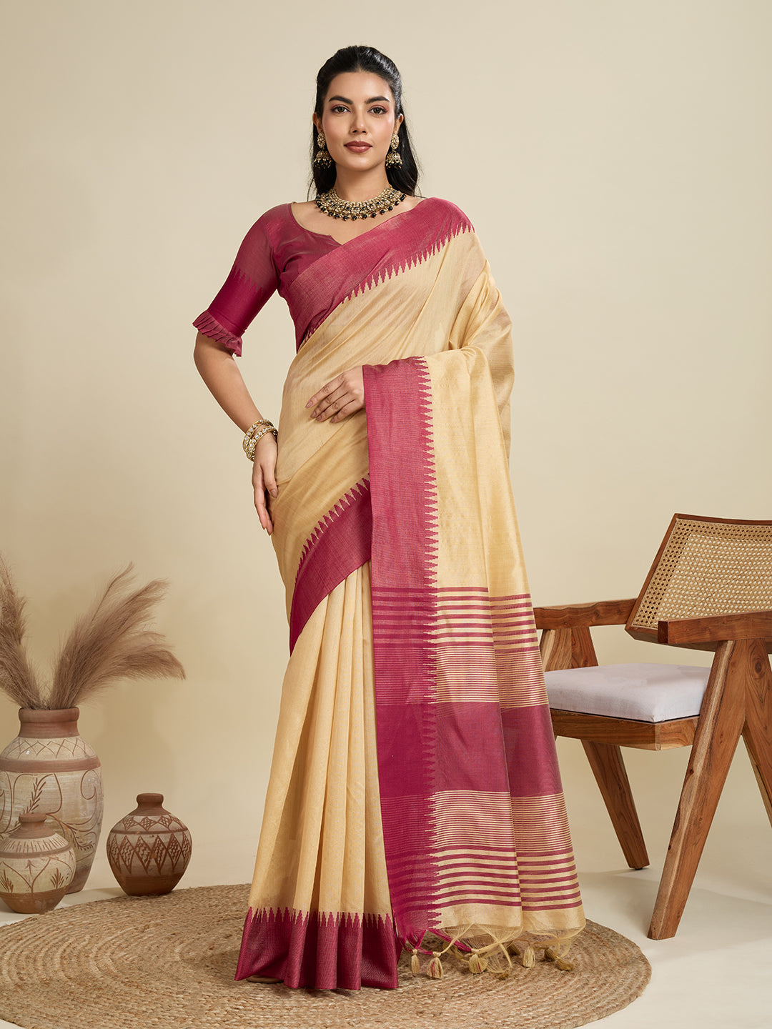 Jyoti Fashion Women's Cream Khadi Raw Silk Temple Woven Border Designer Saree with Blouse - Distacart