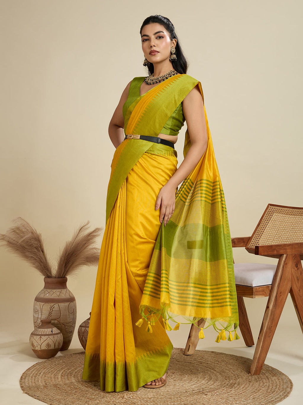 Jyoti Fashion Women's Yellow Khadi Raw Silk Temple Woven Border Designer Saree with Blouse - Distacart