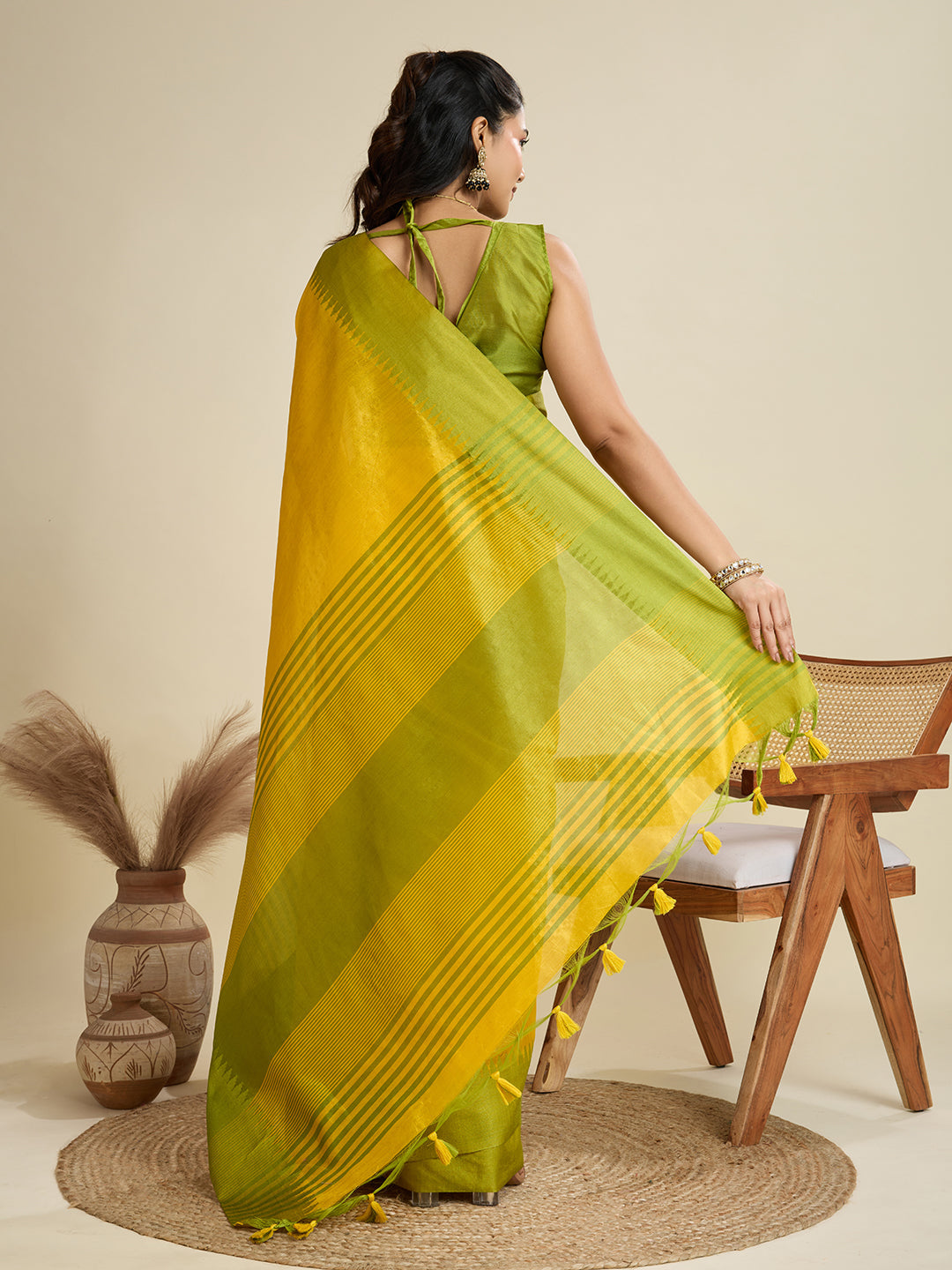 Jyoti Fashion Women's Yellow Khadi Raw Silk Temple Woven Border Designer Saree with Blouse - Distacart