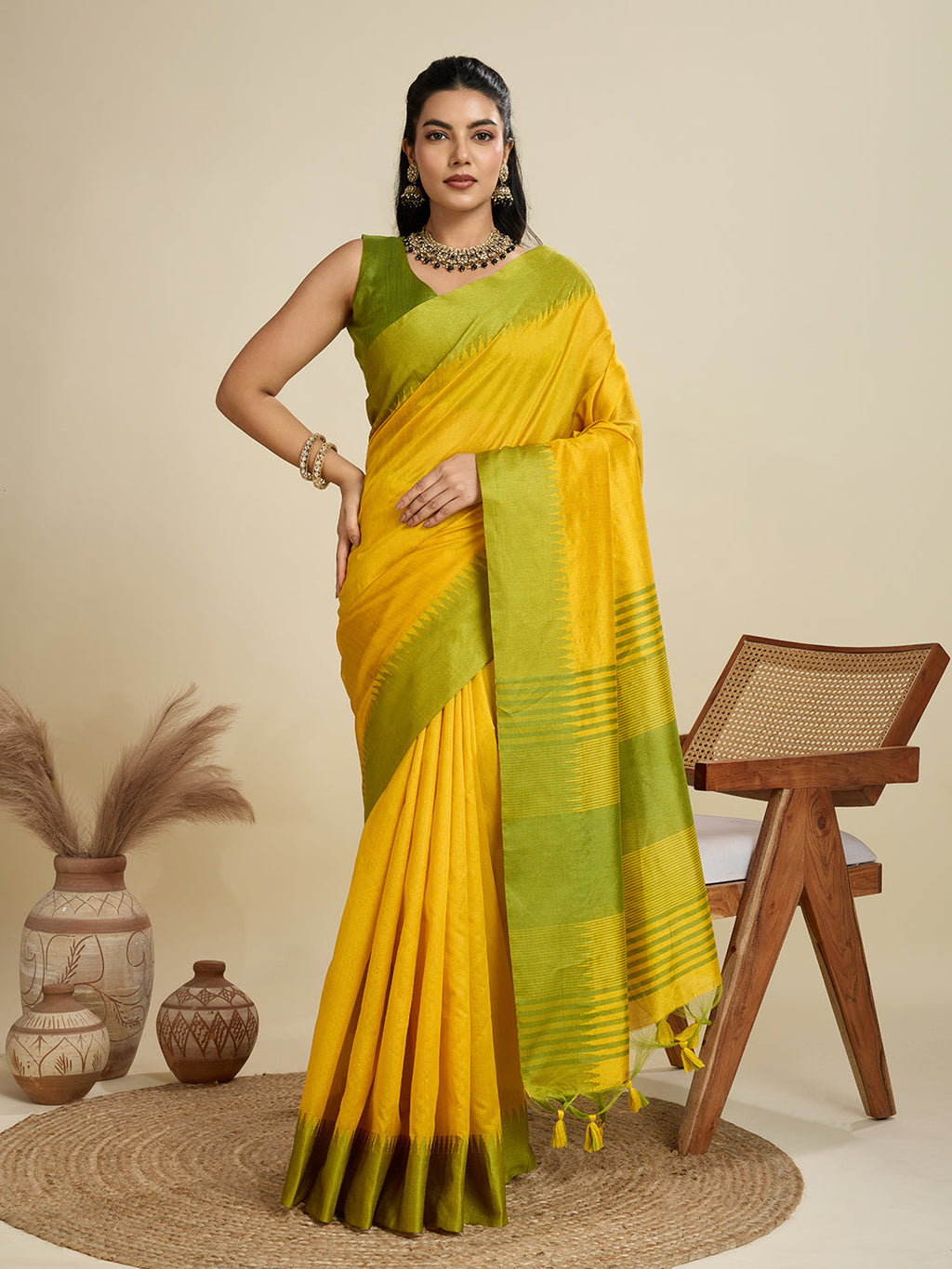 Jyoti Fashion Women's Yellow Khadi Raw Silk Temple Woven Border Designer Saree with Blouse - Distacart