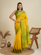 Jyoti Fashion Women's Yellow Khadi Raw Silk Temple Woven Border Designer Saree with Blouse - Distacart