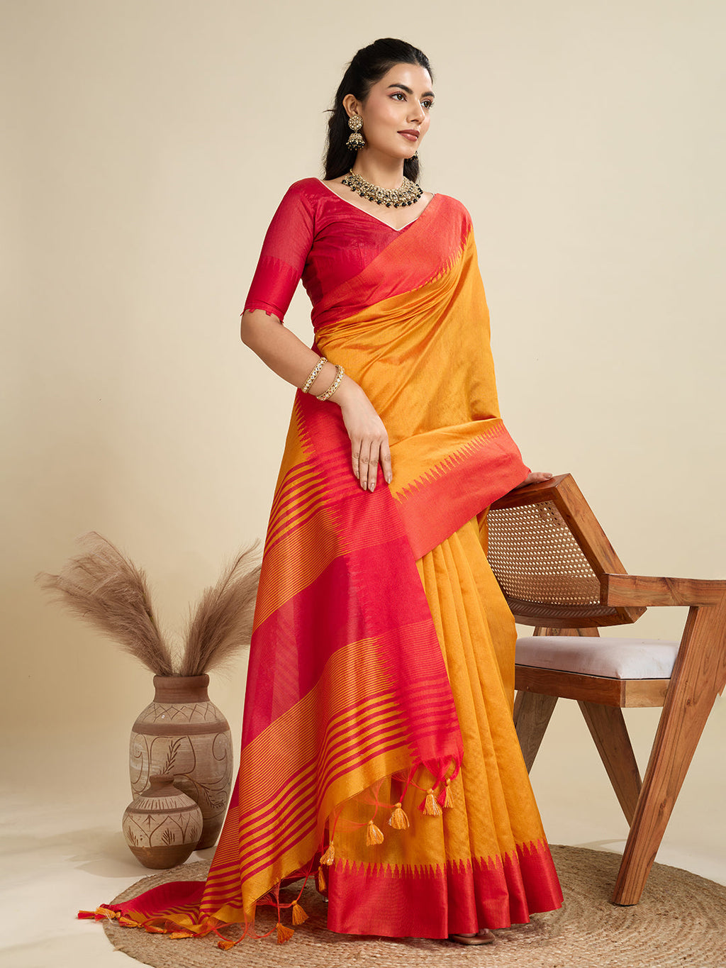 Jyoti Fashion Women's Mustard Khadi Raw Silk Temple Woven Border Designer Saree with Blouse - Distacart
