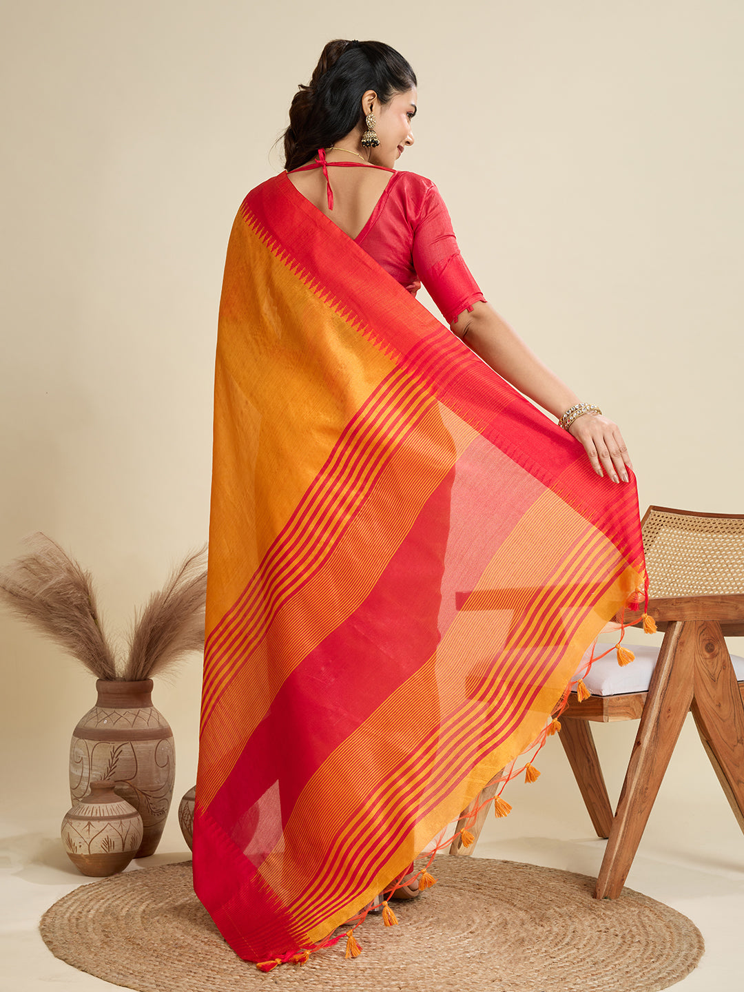 Jyoti Fashion Women's Mustard Khadi Raw Silk Temple Woven Border Designer Saree with Blouse - Distacart