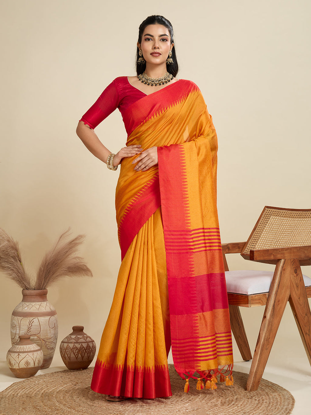Jyoti Fashion Women's Mustard Khadi Raw Silk Temple Woven Border Designer Saree with Blouse - Distacart