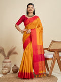 Jyoti Fashion Women's Mustard Khadi Raw Silk Temple Woven Border Designer Saree with Blouse - Distacart