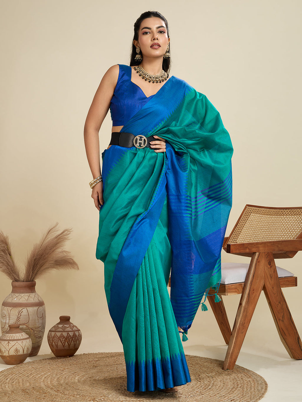 Jyoti Fashion Women's Rama Khadi Raw Silk Temple Woven Border Designer Saree with Blouse - Distacart