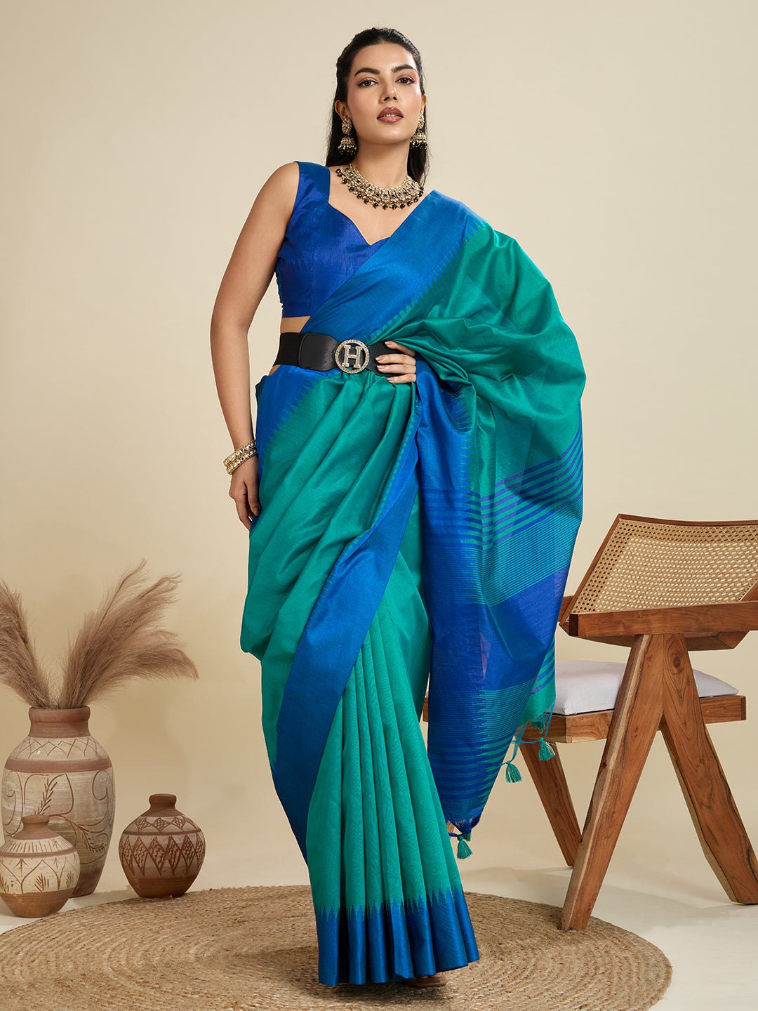Jyoti Fashion Women's Rama Khadi Raw Silk Temple Woven Border Designer Saree with Blouse - Distacart