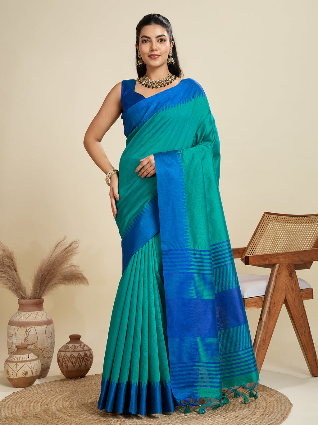 Jyoti Fashion Women's Rama Khadi Raw Silk Temple Woven Border Designer Saree with Blouse - Distacart