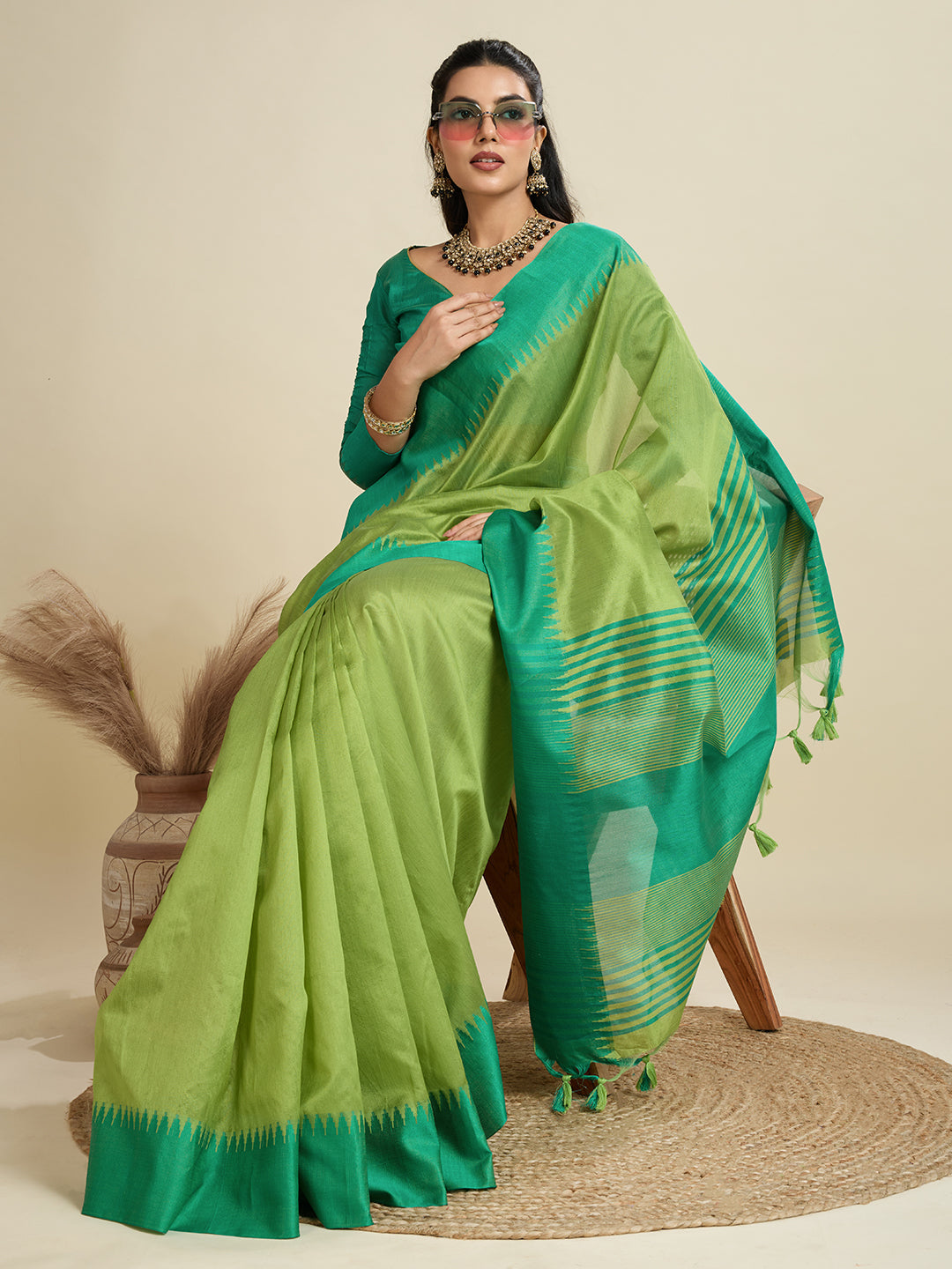 Jyoti Fashion Women's Mehendi Khadi Raw Silk Temple Woven Border Designer Saree with Blouse - Distacart