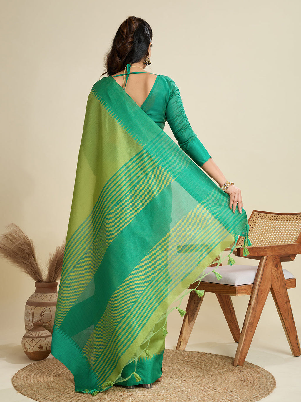 Jyoti Fashion Women's Mehendi Khadi Raw Silk Temple Woven Border Designer Saree with Blouse - Distacart