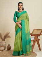 Jyoti Fashion Women's Mehendi Khadi Raw Silk Temple Woven Border Designer Saree with Blouse - Distacart