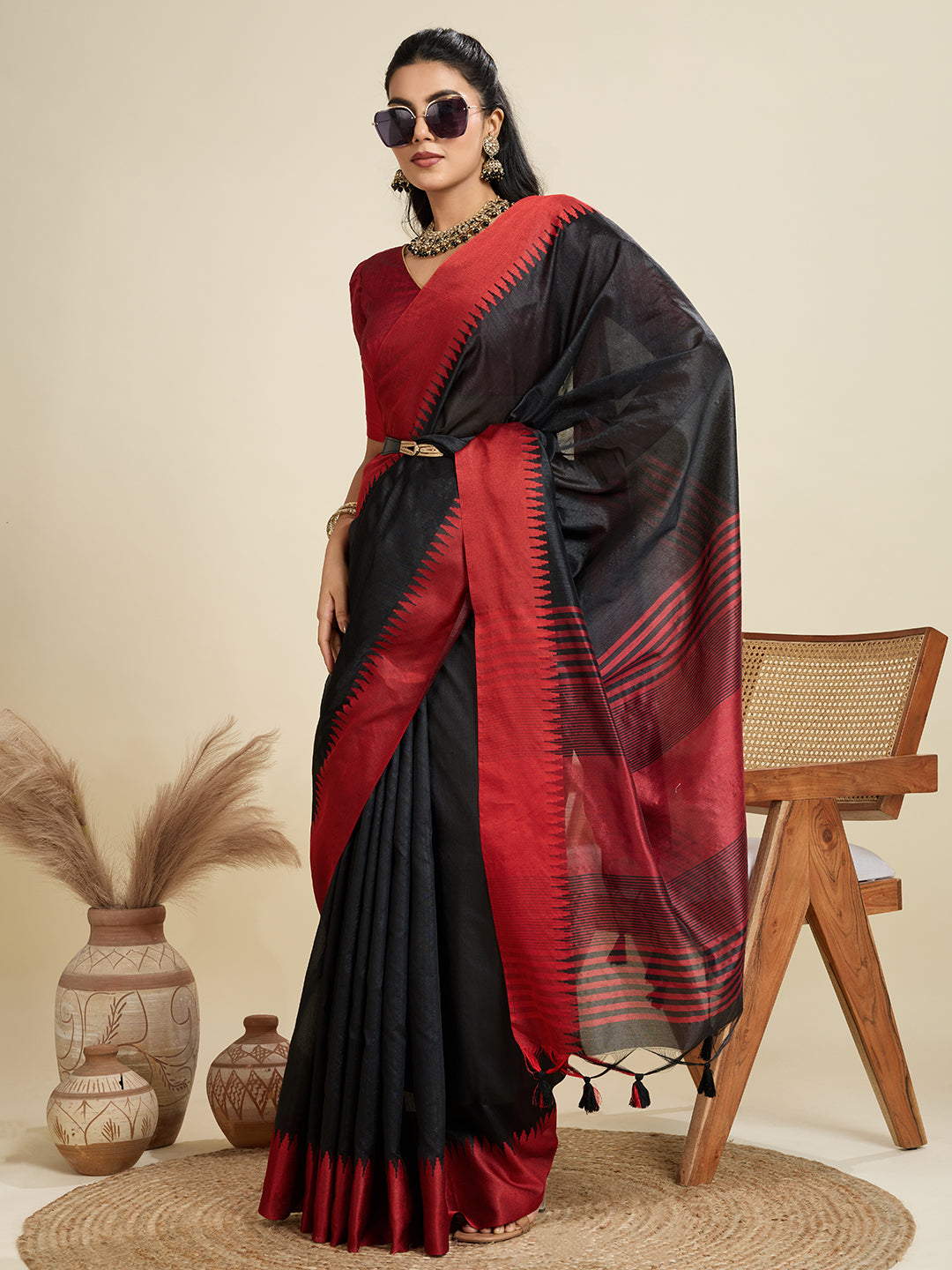 Jyoti Fashion Women's Black Khadi Raw Silk Temple Woven Border Designer Saree with Blouse - Distacart